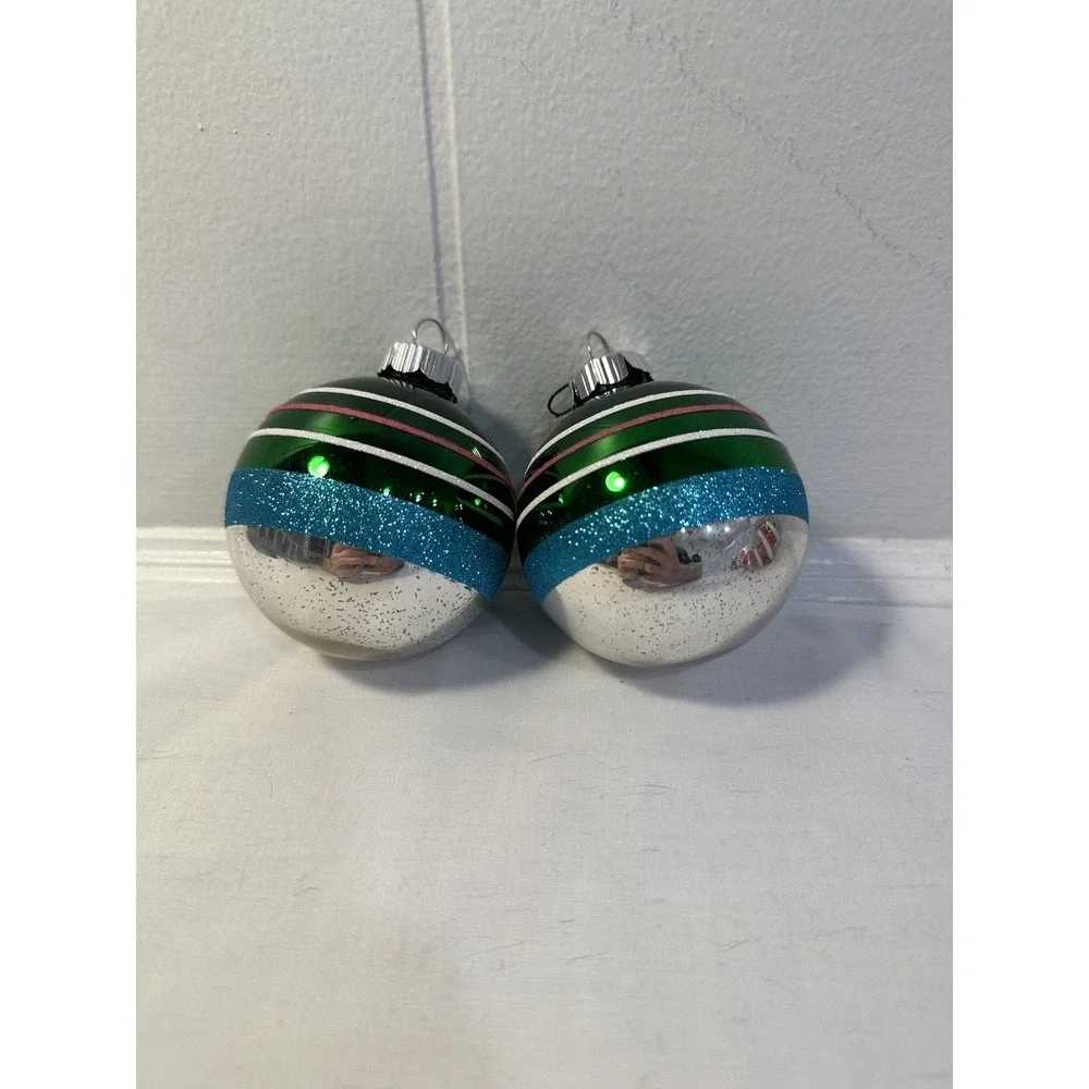 Vintage Radko Shiny Brite Green Striped Ball Glitter Ornament set Xmas‎ Tree (2)